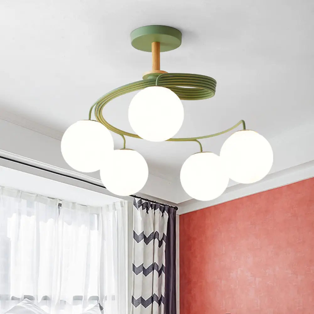 Chandeliers with Clear Crystal for a Sparkling EffectChandeliers with Clear Crystal for a Sparkling EffectNordic Iron Swirl Flush Chandelier with 5 Bulbs, Grey/Green Semi Flush Ceiling Light featuring Orb Glass Shade and Wood Downrod